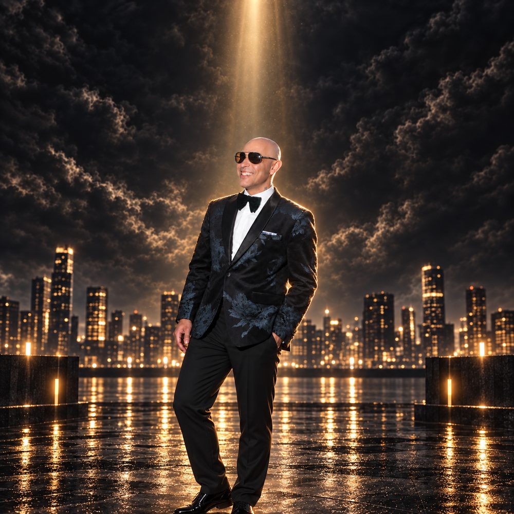 Benjamin Adel in a dark floral tuxedo and sunglasses, in a beam of light above a night skyline