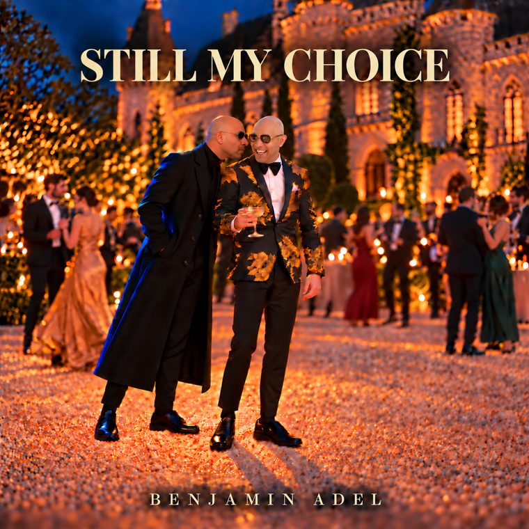 Still My Choice cover: two identical men at a candle-lit castle party, one in black whispering into the other's ear